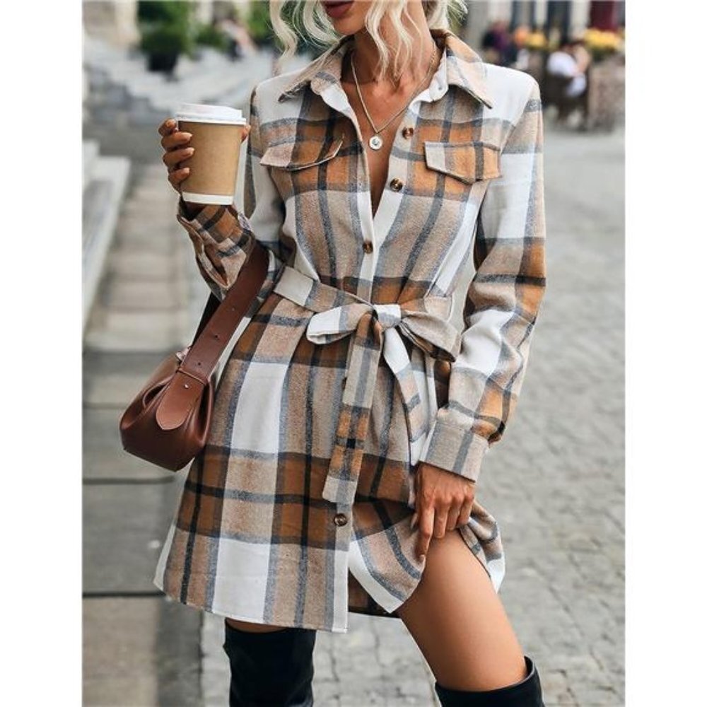 Khaki Long Plaid Shacket Jacket Button Down Midi Belted Trench Coat Dress - Picture 2 of 7